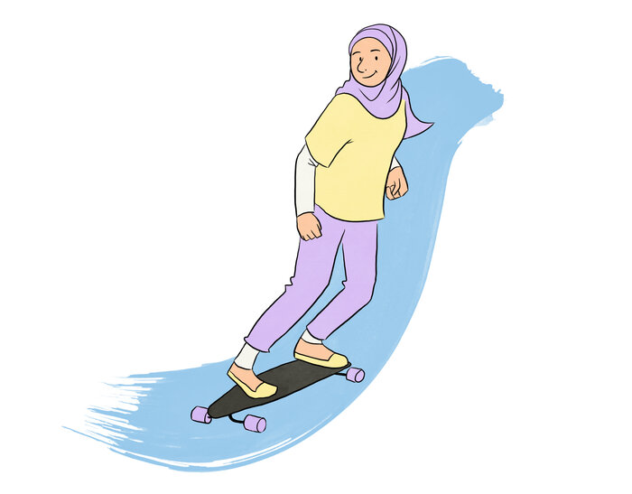 Titelbild der Unterrichtseinheit (Mädchen mit Kopftuch auf Skateboard)
